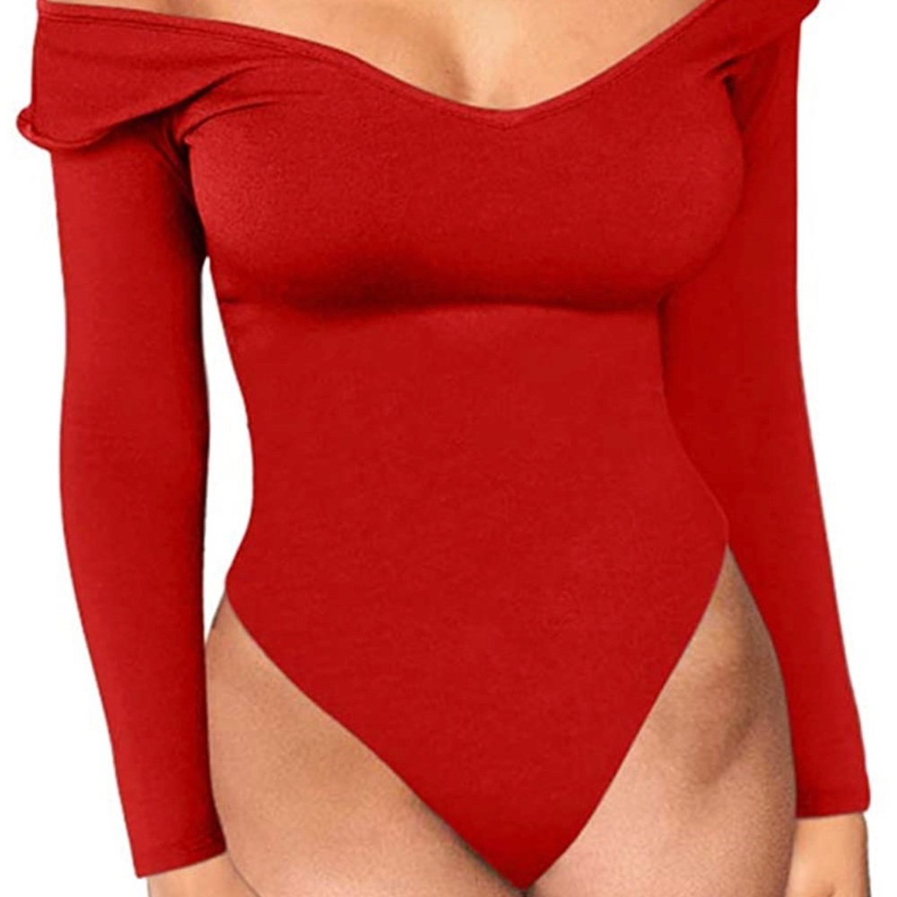 Women's Sexy Off Shoulder Long Sleeve Leotrad Bodycon Party Bodysuit Red